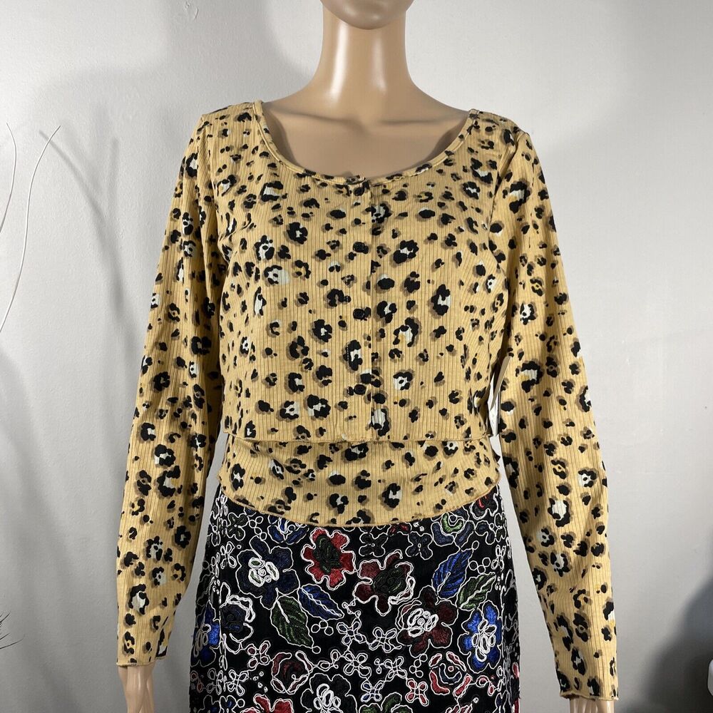 BP. Cropped Rib Button Front Cardigan & Camisole Set Beige Nougat Leopard Sz XL